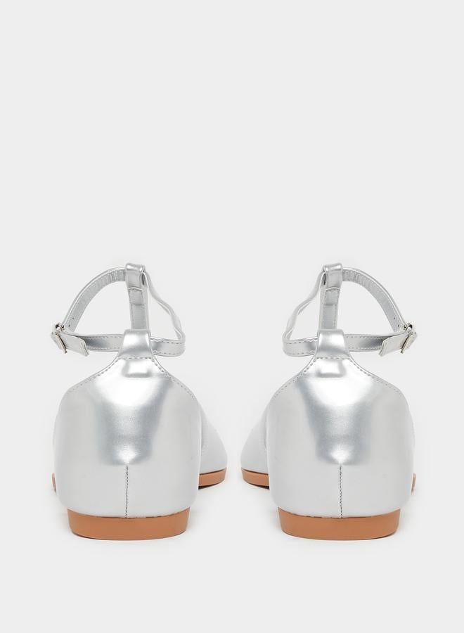 Styli Silver T-Strap Flats Shoes - Image 4